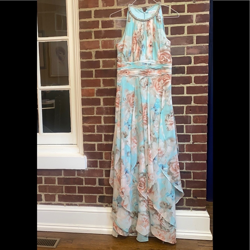 Calvin Klein Floral Maxi Dress in Light Blue and Blush